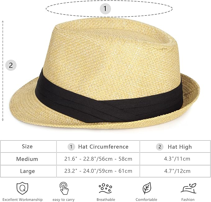 FADACHY Summer Straw Fedora Hat Short Brim Panama Sun Hat Trilby Beach Hat for Men & Women