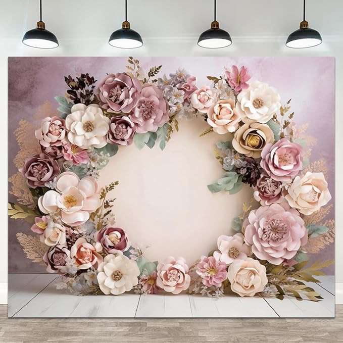 6x4ft Wedding Backdrop Purple Pink Floral Theme Photography Background White Flower Garland Green Leaves Bridal Shower Banner Decorations Girls Birthday Party Baby Portrait Photo Booth Prop