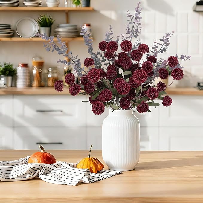 Burgundy Pompon Mum Artificial Flowers with Eucalyptus – 10 Bundles Fake Silk Flowers for Vase , 21’’ Long Stems for Christmas Table Centerpieces, Winter Floral Arrangements & Rustic Home Décor
