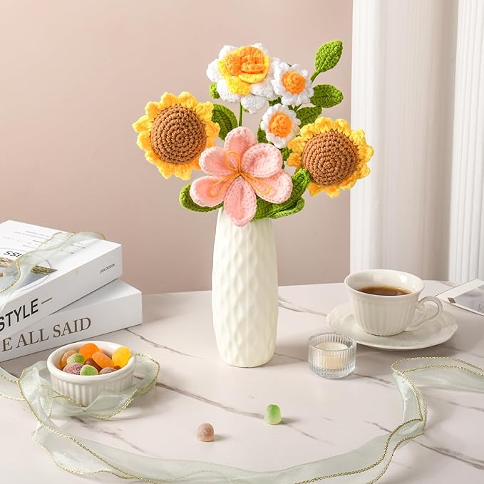 Crochet Flower Bouquet, Crochet Flowers for Graduation Gift, Handmade Sunflowers Tulips Roses 7Pcs, Wedding Bouquet, Home Decor, Anniversary, Birthday Gift for Women Wife Lover Friends (Sunflower)
