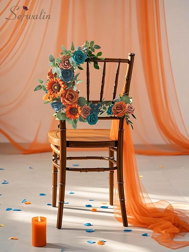 Serwalin Artificial Burnt Orange & Teal Flowers, Orange Silk Fake Flowers, Autumn Faux Sunflowers for Wedding Bouquet, Table Centerpieces, Home Decor