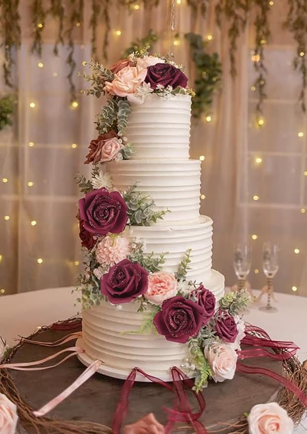 100pcs Burgundy Glitter Roses 2.56" Foam Glitter Flowers Fake Roses Artificial Roses for Bridal Shower Centerpieces DIY Wedding Flower Floral Arrangements