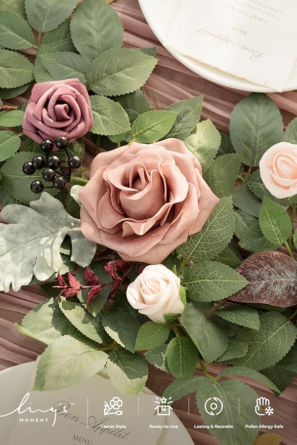 Ling's moment 5FT Artificial Flower Garland Dusty Rose & Mauve Fake Rose Eucalyptus Garland Arch Flowers Vine for Wedding Party Backdrop Home Table Centerpieces Decorations