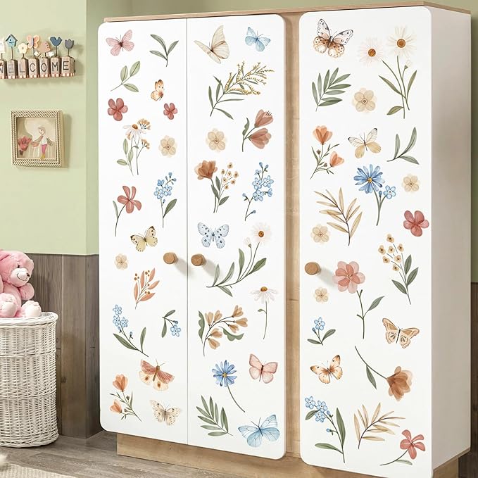 decalmile Boho Flower Wall Decals Watercolor Floral Butterflies Wall Stickers Baby Nursery Girls Bedroom Kids Room Wall Decor