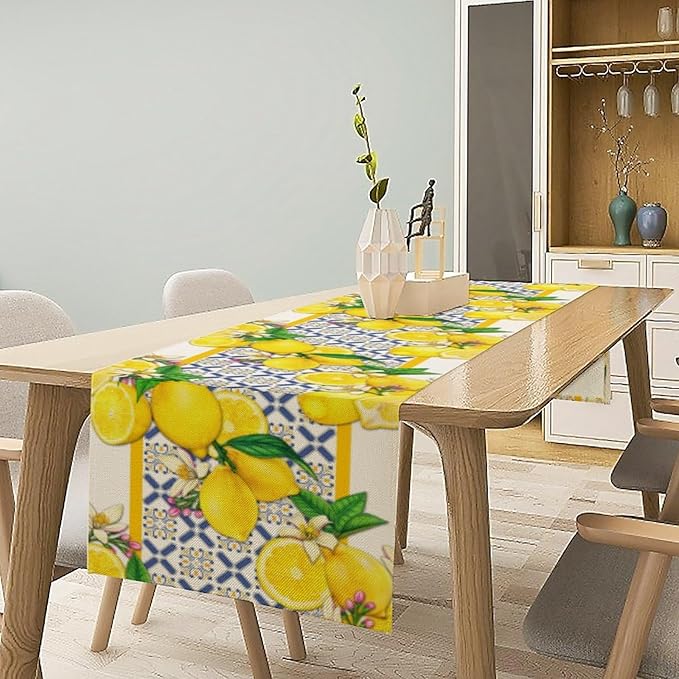 Lemon Table Runner ,Summer Blue Tiles Lemons Kitchen Dining Table Decoration Lemons Table Cover for Indoor Outdoor Home Party Decor, 13 x108 in