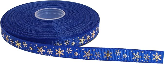 Gold Printing Snowflake Grosgrain Ribbon 25 Yard Each Roll 100% Polyester Woven Edge (3/8", Royal Blue)