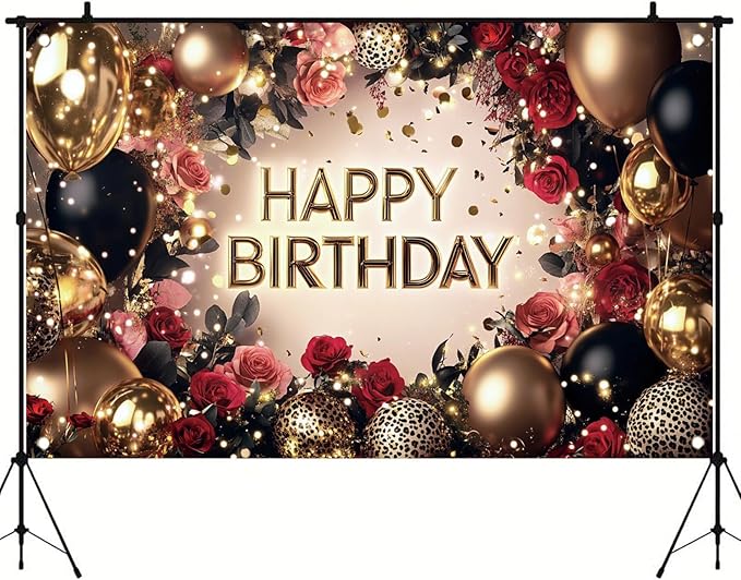 Red and Black Rose Happy Birthday Backdrop Banner Gold Balloon Photography Background Women Birthday Party Decorations Elegant Floral Birthday Supplies Photo Booth Props 71x43 Inch