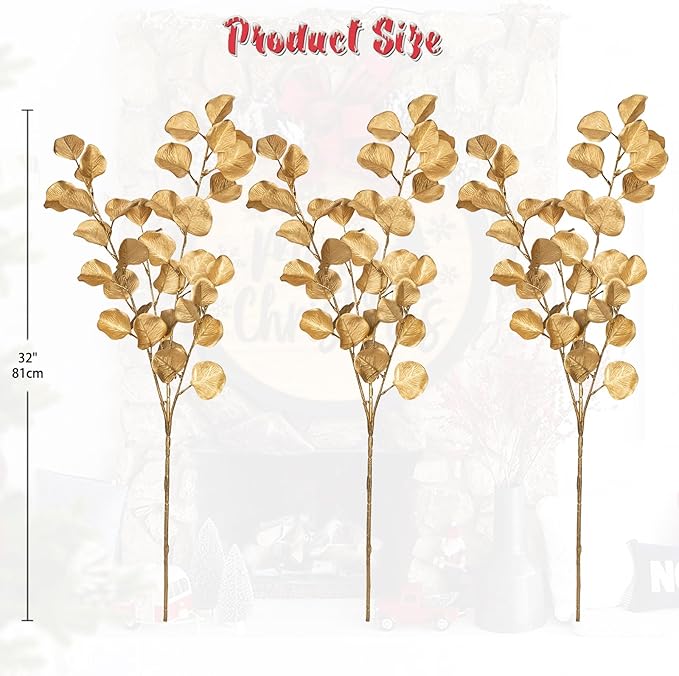 Hollyone 32” Christmas Tree Picks and Sprays 3Pcs Gold Artificial Eucalyptus Stems Eucalyptus Leaves Branches Fake Gold Leaf Floral for Vase DIY Xmas Tree Garland Wreath Centerpieces Wedding Decor