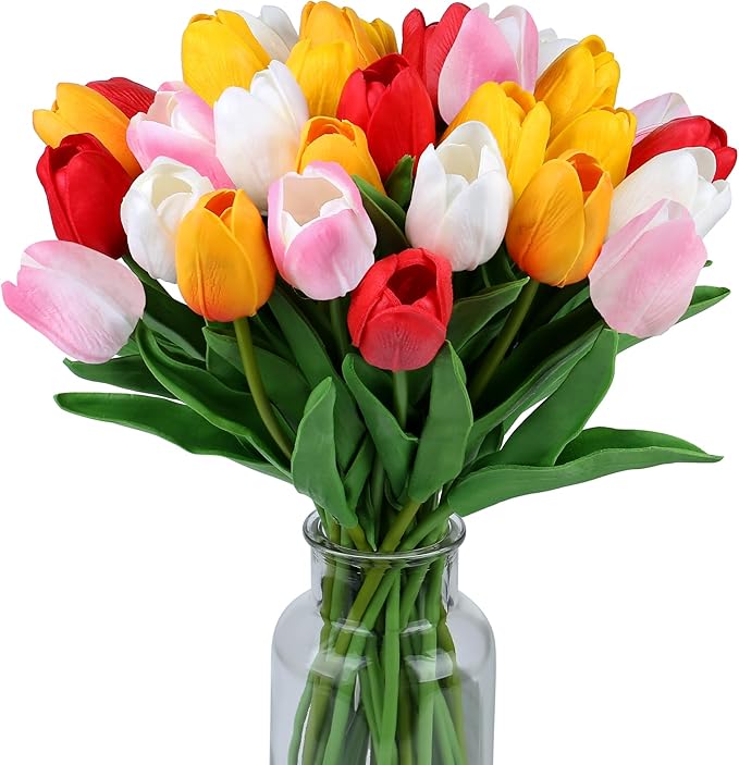SITUMEIZI Fake Flowers Tulips Artificial Silk Flower 15pcs Real Touch 14" for Spring Easter Home Kitchen Wedding Bouquet Bulk Mother's Gift Day Decorations(Assorted Colors,5)
