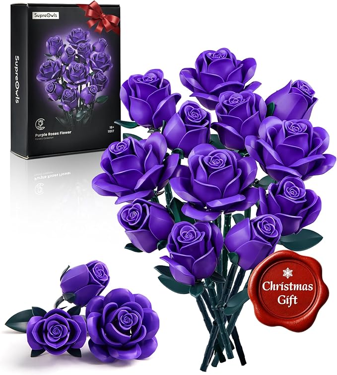 iATOM Purple Rose Bouquet Building Set, Artificial Flowers Botanical Collection for Adults Women, Gift for Christmas and Valentines Day - Gothic Home Office Table Centerpiece Decor - IA11017