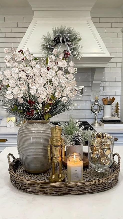Hollyone 24.8” Christmas Tree Picks and Sprays 3Pcs Champagne Artificial Eucalyptus Stems Eucalyptus Silver Dollar Leaves Branches Floral for Xmas Tree Garland Wreath Centerpieces Wedding Decor