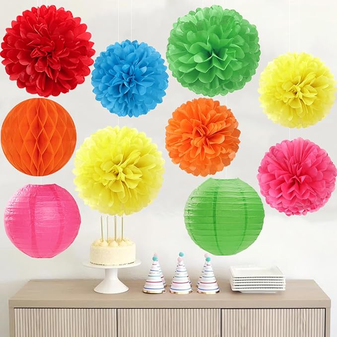 Rainbow Colourful Paper Flowers Tissue Pom Poms Honeycomb Lanterns 15pcs Party Decorations for Mexican Fiesta Cinco De Mayo Taco Carnival Birthday Wedding Baby Shower Hanging Decor Mprocherify