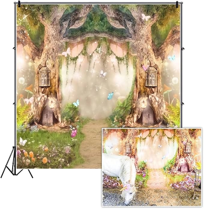 Leowefowa 8x8ft Vinyl Birthday Backdrop Fairy Tale Forest Enchanted Flower Baby Shower Photo Background for Birthday Party Photoshoot Newborn Baby Kids Children Studio Props Photography Backdrops