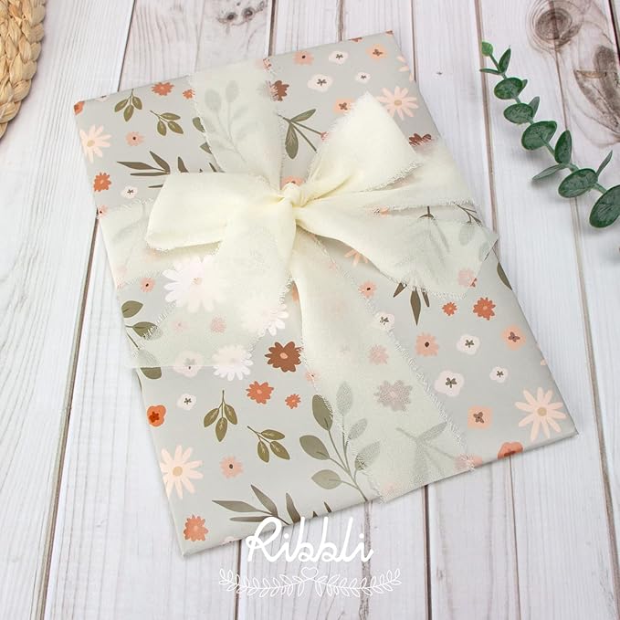 Ribbli Chiffon 1-1/2 inch x 20 Yard Handmade Fringe Cream Ivory Silk Ribbon for Wedding Invitations, Bridal Bouquets, Flower Arrangement Decoration