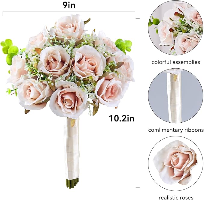 Pink Champagne Roses 10 in, Fake Flowers Wedding Bouquets for Bride, Wedding Silk Artificial Flowers 10pcs for Wedding Party, Ceremony, Anniversary & Home Decor (Come with 3 Styles of 4.5 ft Ribbons)