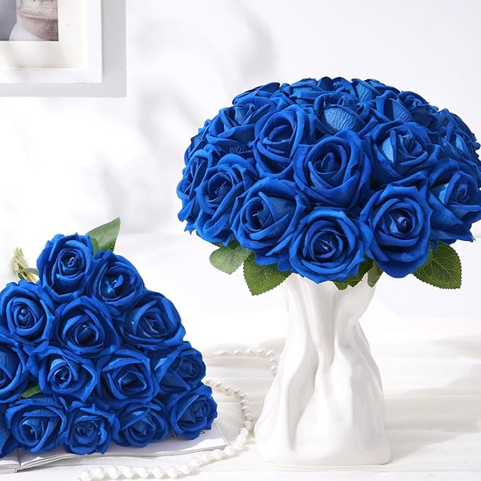 BLEUM CADE 50 Pcs Blue Roses Artificial Flowers, Real Touch Velvet Roses Fake Flowers Bulk, Artificial Roses Bouquet with Long Stems Bridal DIY Wedding Party Centerpiece Decorations