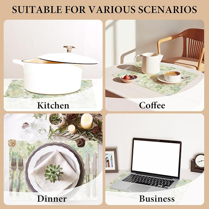 Cotton Linen Waterproof Placemats Set of 4, Sage Green Floral Dining Mat Table Mats Decor Fabric for Kitchen Dinner Coffee Shop Table, Indoor/Outdoor Washable Wipeable Placemat -N028