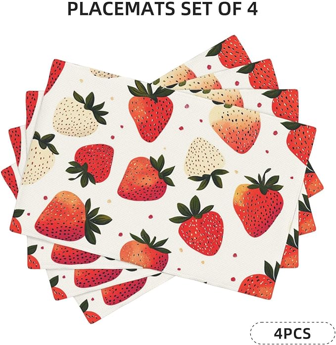Sweet Strawberry Placemats Set of 4 Washable Table Mats Spring Summer Fruit Heat-Resistant Cotton Linen Place Mats for Dining Table Kitchen Indoor Outdoor Party Holiday Decor