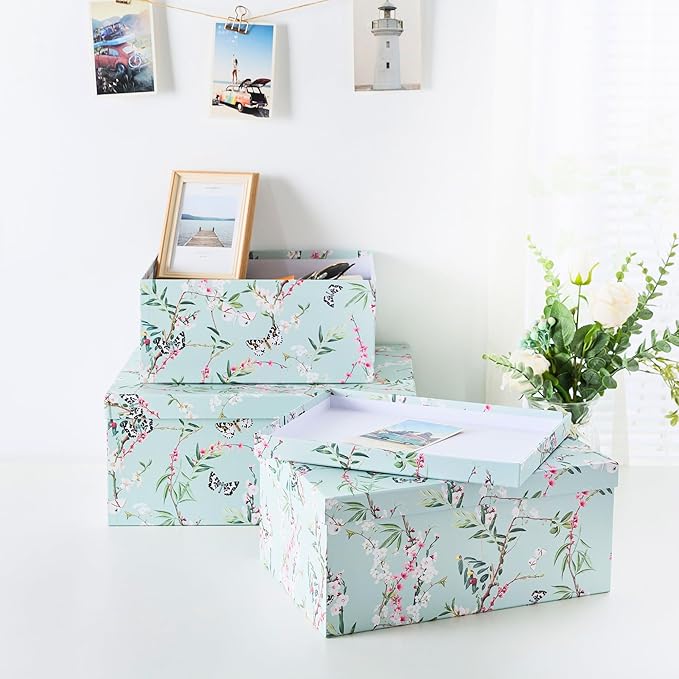 Soul & Lane Butterflies in Flight Photo Storage Boxes (Set of 3): Nesting Boxes with Lids, Floral Decorative Cardboard Containers, Paperboard Picture Storage for Photos, Nature Decor Cartons