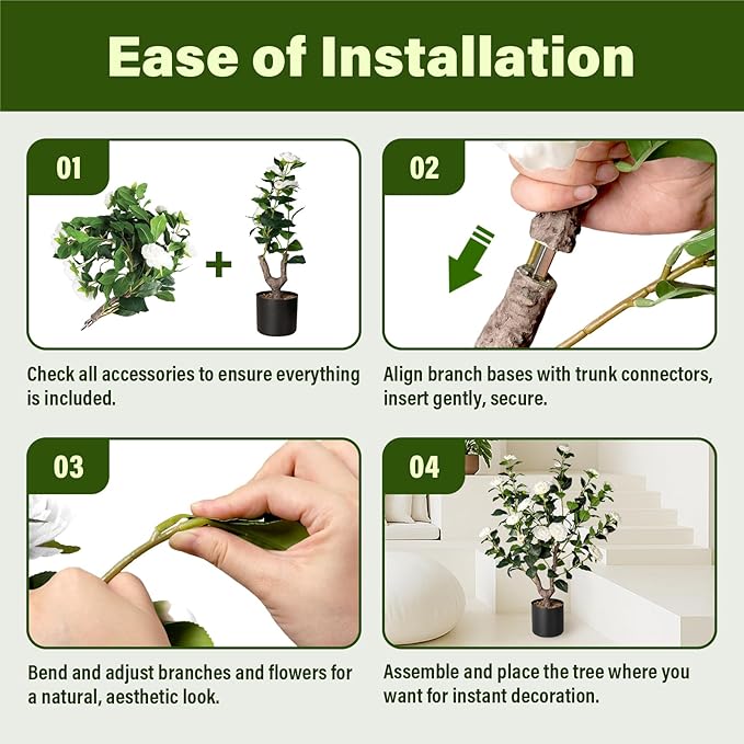 Artificial Camellia Tree,2Pack 3FT Faux White Camellia Plants in Pots,Lifelike Artificial Flower Trees for Indoor Outdoor Home Decor,Realistic Blooming Faux Plants for Bedroom Porch Patio Office