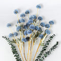 6 Artificial Silk Flowers + 3 Eucalyptus, Artificial Chrysanthemums with Stems for Home Decor, Dusty Blue