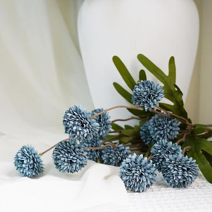 12 Stems Faux Kiku Flower Faux Silk Mini Chrysanth with Stems Bulk Fake Wedding Filler Flowers Pompon Mum Artificial Dusty Blue Flowers Ball for Floral Arrangements