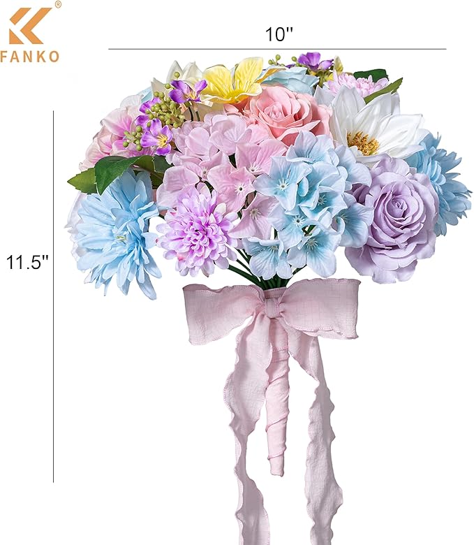 FANKO Artificial Flowers Mixed Fake Rose Combo, Pink Rose Light Blue & White Roses Blue Dahlia Assorted Blooms for DIY Wedding Bridal Bouquets/Centerpieces/Home Decor
