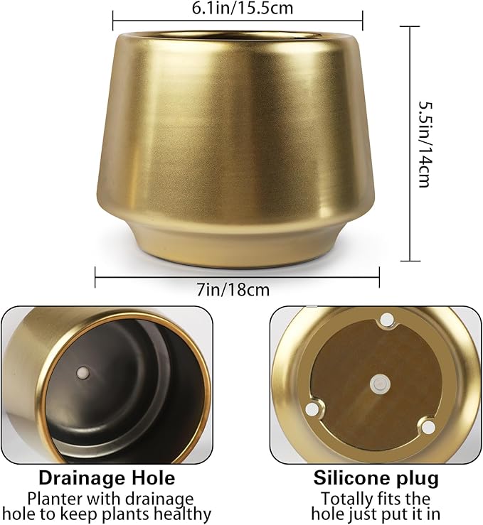 Gold Indoor Plant Pot 7 Inch Large Ceramic Planter With Drainage Hole - Modern Brass Flower Pot Centerpiece Vase - Decorative Greenery Potted for Indoor Plants