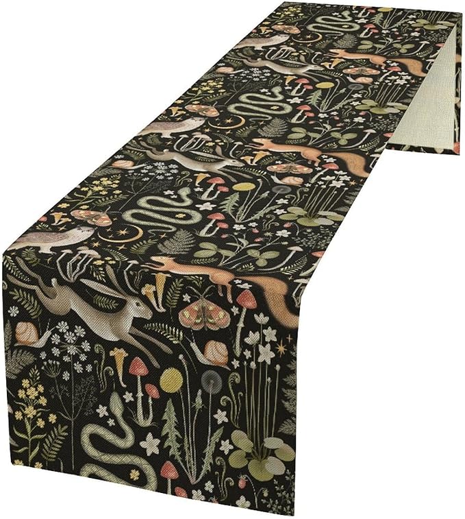 Farmhouse Forest Table Runner, Fairy Tale Woodland Wild Animals Moths Owl Snake Flowers Mushroom Kitchen Dining Table Runners for Indoor Outdoor Home Party Holiday Decor, 13x90inch