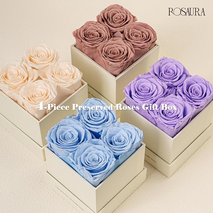 Rosaura 4-Piece Eternal Preserved Roses & Flowers Gift Box - Forever Lasting Real Roses, Preserved Flowers for Valentine's Day (Light Purple)