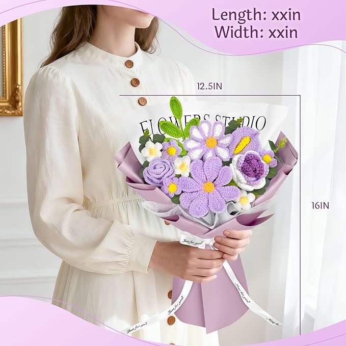 Crochet Flower Bouquet, Purple Knitted Flowers, Handmade Crochet Roses Calla Lily Gasang for Lover Anniversary Birthday Party Mother's Day Graduation Gifts (Purple)