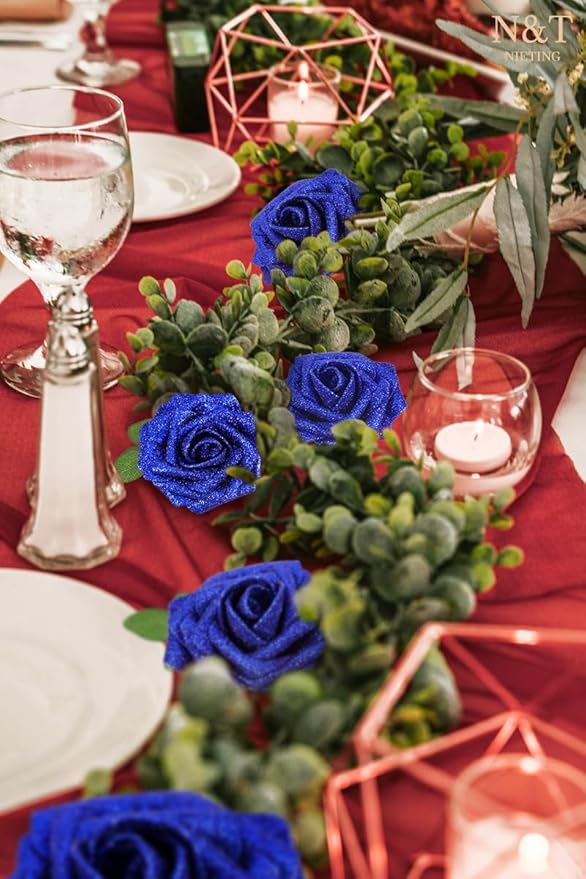 N&T NIETING Artificial Flowers Glowing Navy Blue Flowers Foam 50pcs Glitter Roses Real Looking Fake Roses with Stem for DIY Wedding Bouquets Centerpieces Bridal Shower Party Home Decorations