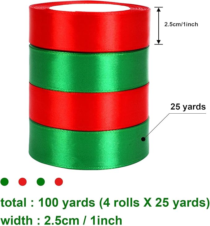 DECYOOL 4 Rolls 100 Yards Christmas Ribbons 1Inch Wide Holiday Satin Ribbons for Gift Wrapping and DIY Craft, Red & Green