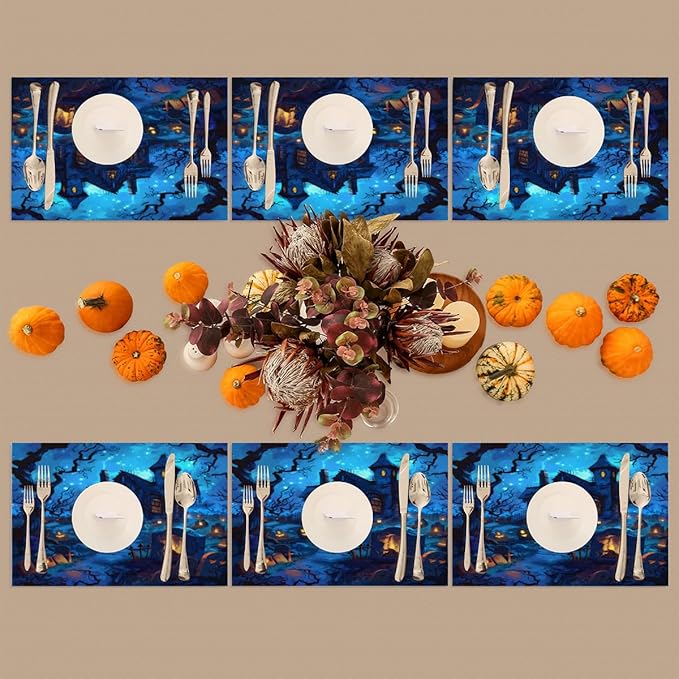Halloween Castle Scary Blue Placemats Set of 4 PVC Vinyl Non Slip Table Mats Heat Resistant Place Mats Washable Wipeable Dining Table Mat for Kitchen Decor Party Indoor Outdoor Decorative Gift