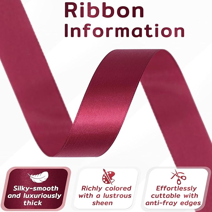 60 Yards Wine Red Satin Ribbon 7/8 Inch, Solid Burgundy Polyester Fabric Ribbon for Gift Wrapping, Crafts, Flower Bouquet, Wedding, Festival, Christmas, Halloween