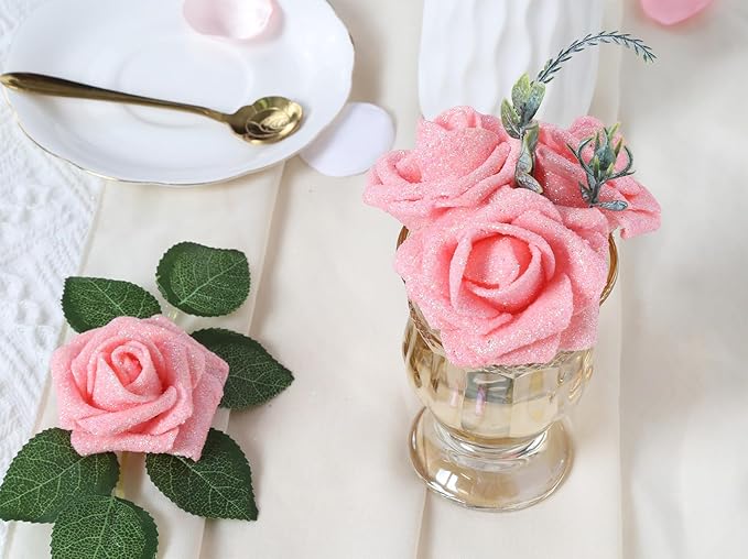 IPOPU Glitter Roses,25pcs Foam Glitter Roses Glitter Flowers Artificial Roses with Stem for DIY Wedding Bridal Bouquet Home Party Decoration(Peach)