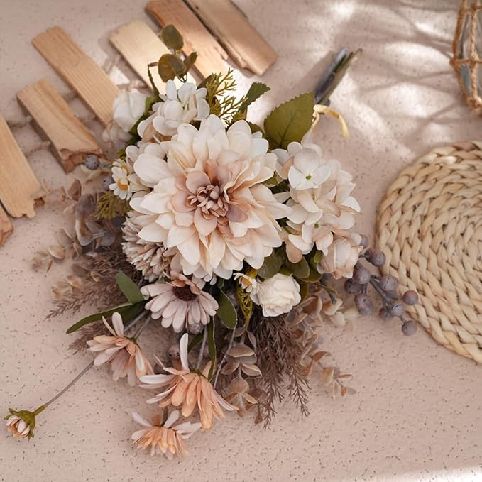 16-inch Artificial Fake Flowers Silk Table Arrangements Faux Plastic Floral Centerpieces for Home with Roses, Dandelions, Daisies, Hydrangea, Eucalyptus, Chrysanthemums and Hollyberries