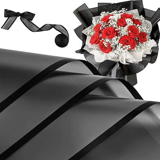 Jutieuo 20 Sheets Black Flower Wrapping Paper, Waterproof Floral Wrap Black Edge Bouquet Wrapping Paper Florist Supplies (22.8 x 22.8 inch)