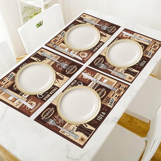 Coffee Table Placemats Set, Hot Mocha Latte Milk Typography on Scribble Backdrop, Set for Dining Table Decor 6 PCS, Cafe-2