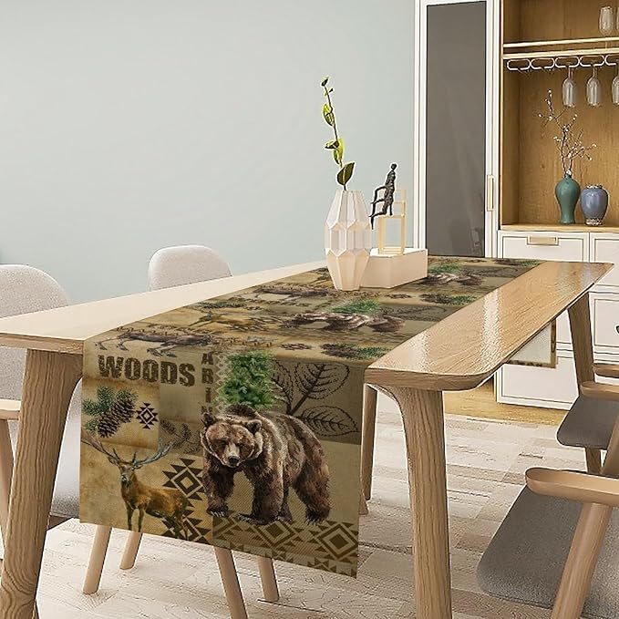 Rustic Cabin Table Runner, Farmhouse Deer Bear Retro Pine Forest Native Aztec Wild Animal Seasonal Coffee Table Center Decor for Home Kitchen Dining Holiday Party Table Decorations 13x108 inches