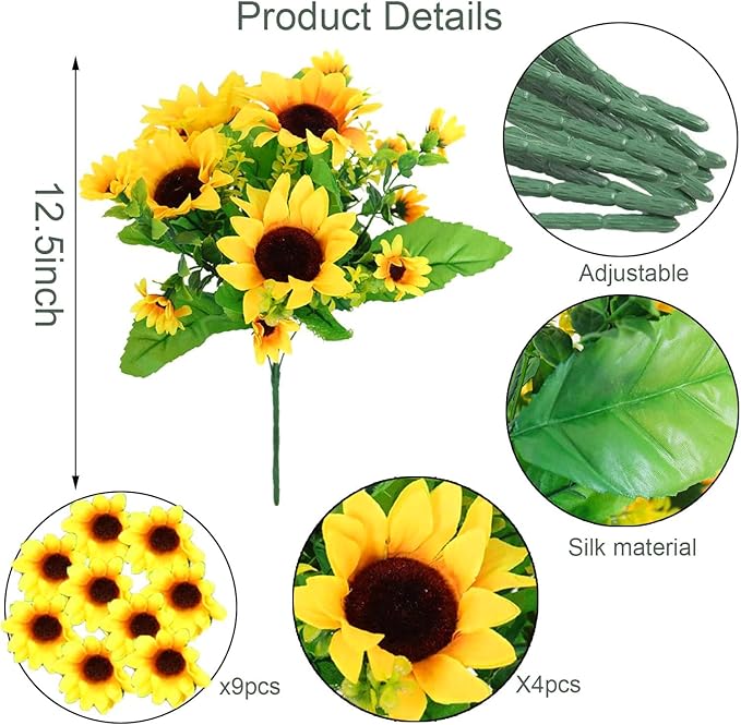 ZEYGLXC 8 Pack Artificial Sunflowers Bouquets with Stems for Wedding Bridal Shower Table Birthday Indoor Outdoor, Fake Faux Sunflowers Bulk with 4 Big Sunflowers Heads 9 Small Sunflowers Heads