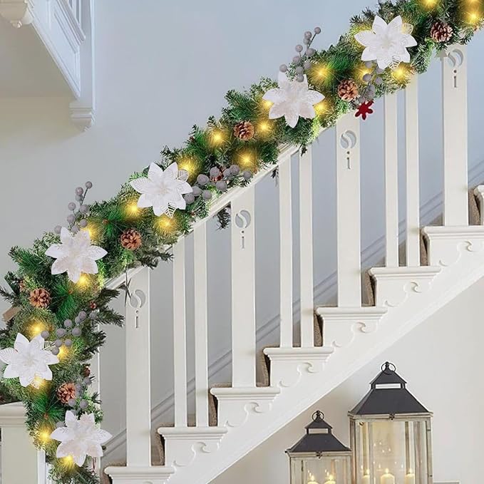 24 Pcs White Boxed Christmas Poinsettia Flowers Set, 16 Pcs Artificial Poinsettias with Clips, 8 pcs Glitter Christmas Tree Ornaments Berry Stems for Wedding Home Holiday Xmas New Year Decorations