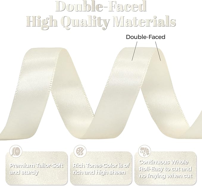 Antique White Satin Ribbon, Double Faced 5/8 Inch X 50 Yards Antique White Ribbon, Premium Satin Ribbon for Gift Wrapping, Crafts, Hair Bow Making, Sewing, Flower Bouquet, Wedding Party Decor