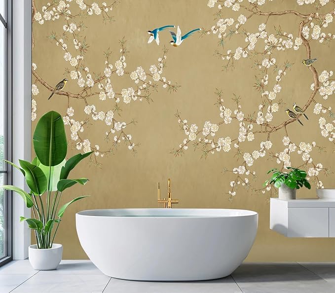 Eierme-Beautiful Background China Art. Flower with Bird Mural Wallpaper Peel and Stick 90" x 67"