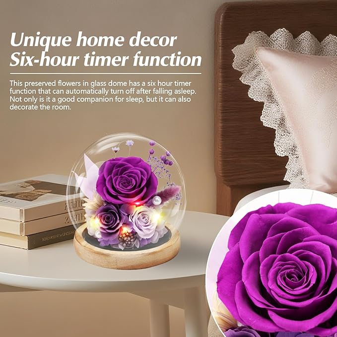 Preserved Roses Flowers for Delivery, Purple Forever Flores in Glass Dome for Women Mom Grandma Wife Girlfriend, Eternal Rose Anniversary Birthday Gift for Valentines Mothers Day Christmas