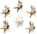 Ling's moment Boutonniere for Men, 6pcs Groom Groomsmen Boutonniere, Artificial Flowers for Wedding Decor/Prom/Homecoming, etc.Brown Beige White