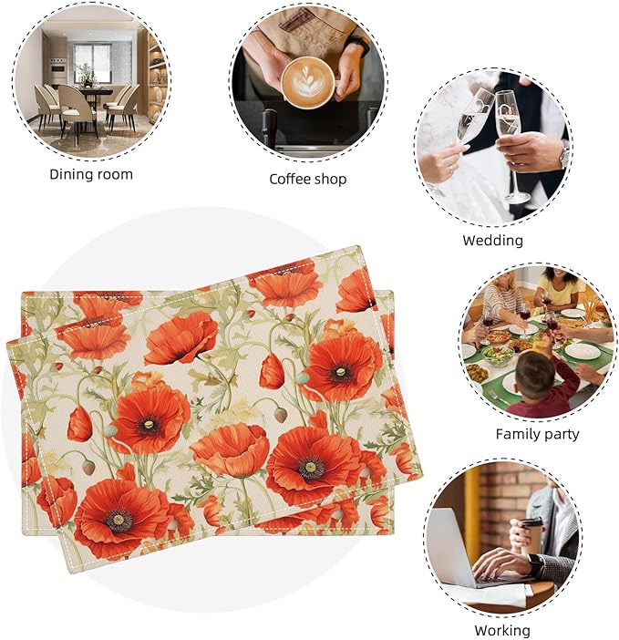 Botanical Flower Placemats Set of 6 Butterfly Plants Floral Botanic Plants Flower Leaves Placemats Rustic Floral Waterproof Washable Table Placemats for Dining Kitchen Decoration 6 PCS