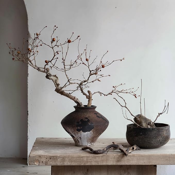 Rustic Ceramic Wabi Sabi Vase, 6.7''Vintage Brown Pottery Flower Jar with Wide Mouth, Handmade Distressed Clay Decor for Table Centerpiece, Farmhouse Shelf, Entryway or Mantel