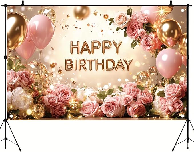 Rose Gold Birthday Backdrop Banner Pink Balloon Floral Rose Photography Background for Girls Women Gold Birthday Party Wedding Baby Shower Decor Photo Booth Supplie 71 x 43 Inch