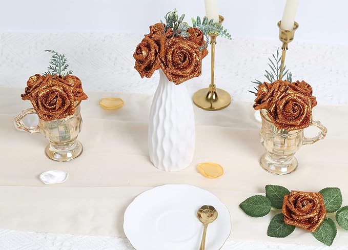 IPOPU Orange Foam Flowers, 25pcs Foam Glitter Roses Glitter Flowers Foam Rose with Stem for DIY Wedding Bridal Bouquet Home Party Decoration(Orange)